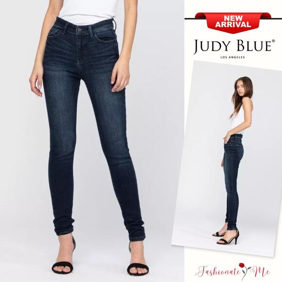Judy Blue High Rise Waist Zipper Fly Stretch Dark Washed Skinny Denim Jeans - Picture 1 of 11